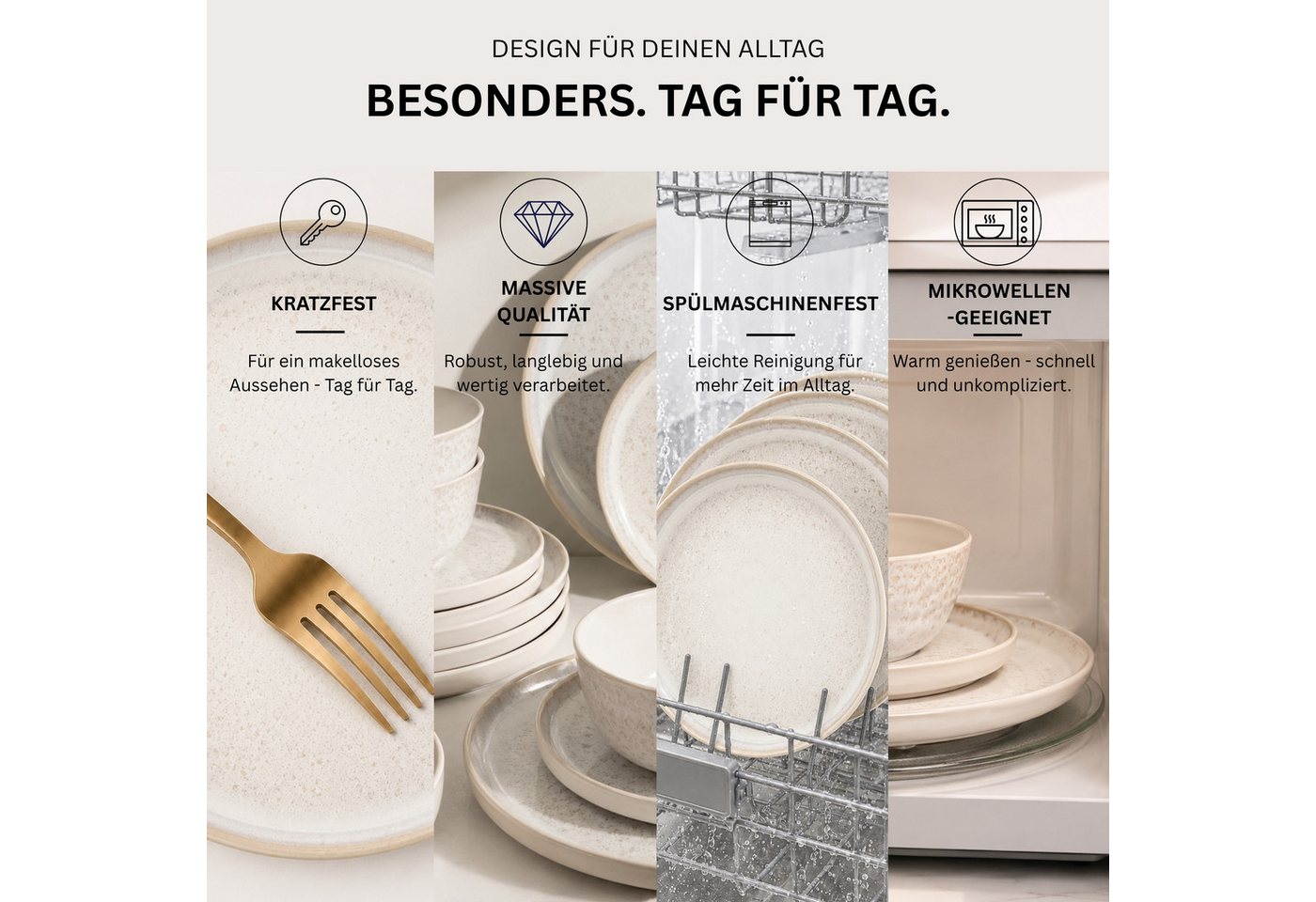 SÄNGER Tafelservice Key West, Creme mit sandiger Maserung (30-tlg), 6 Personen, Steingut, Kombiservice, VALUE COLLECTION – Bild 3 von 5