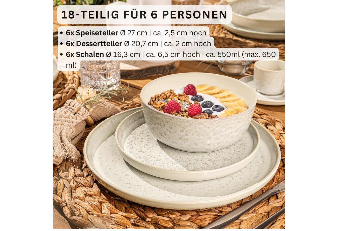 SÄNGER Tafelservice Key West, Creme mit sandiger Maserung (18-tlg), 6 Personen, Steingut, VALUE COLLECTION – Bild 2 von 5