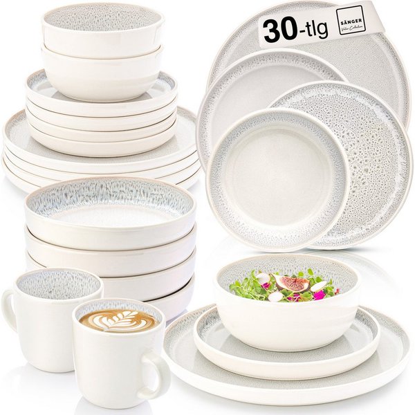 SÄNGER Tafelservice Kreta Geschirrset (30-tlg), 6 Personen, Steingut, Creme-Blau, Handmade, Erweiterbar, VALUE COLLECTION