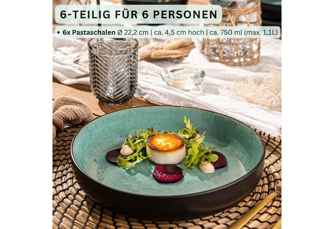 SÄNGER Teller Set Fiji, Grün Schwarz, (6 St), 6 tlg. Pastaschalen, Steingut, Handmade, VALUE COLLECTION – Bild 2 von 5