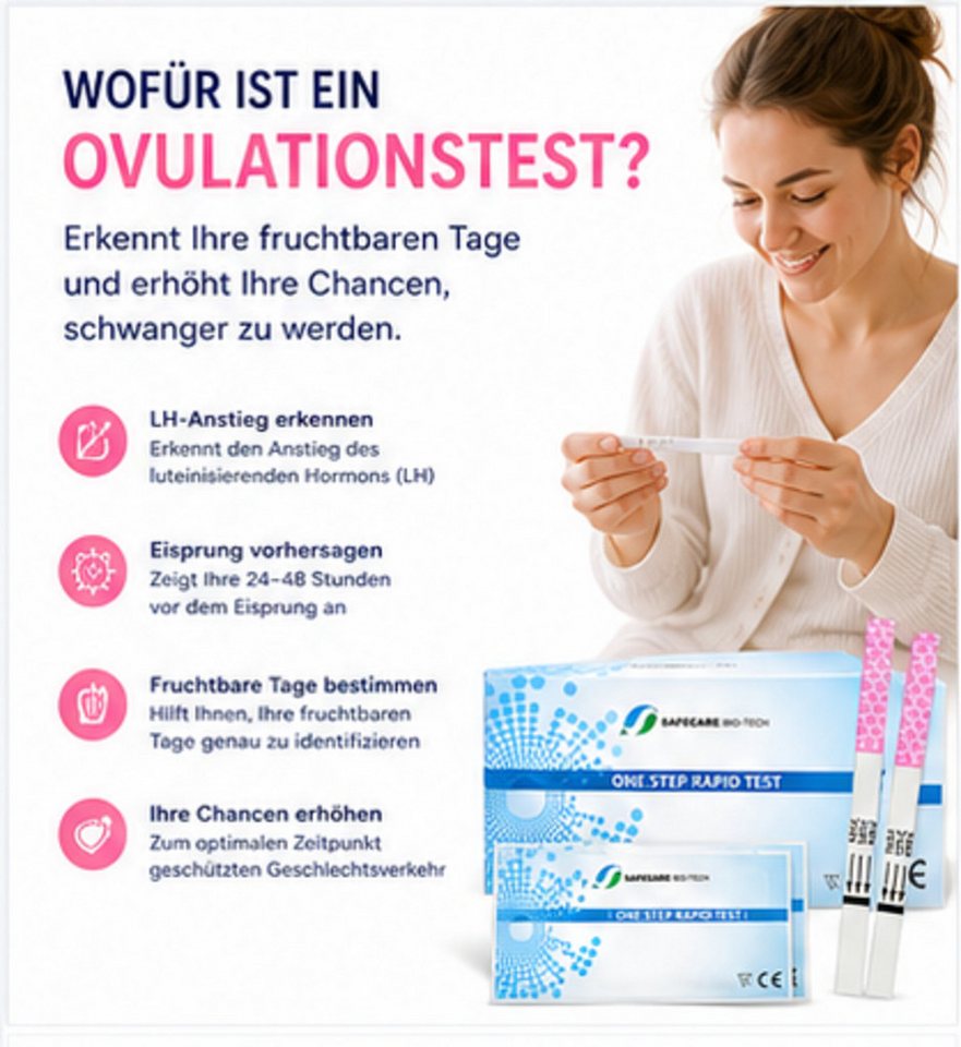 Safecare Bio-Tech Ovulationstest 25 Ovulationstest - Fruchtbarkeitstest Für Frauen, 25mlu/ml, Striefentest für Urin Luteinisierendes Hormon (LH), 25-tlg., Ovula – Bild 2 von 5