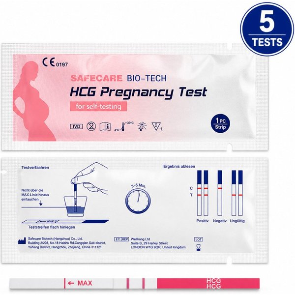 Safecare Bio-Tech Schwangerschaftstest Früh Schwangerschaftests SST - 99% Ergebnisse in 3-5 Minuten, Teststreifen, 5-tlg., Schnelles Ergebnis, einfache Handhabu