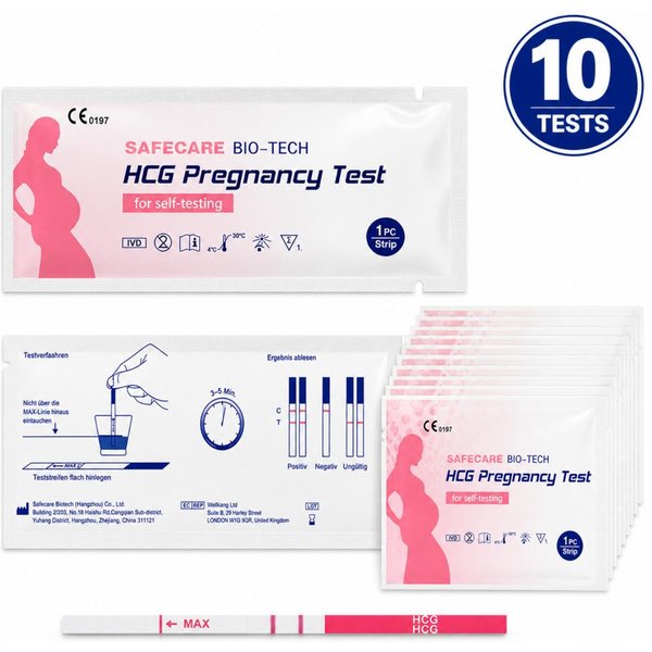 Safecare Bio-Tech Schwangerschaftstest Früh Schwangerschaftests SST - 99% Ergebnisse in 3-5 Minuten, Teststreifen, 10-tlg., Schnelles Ergebnis, einfache Handhab