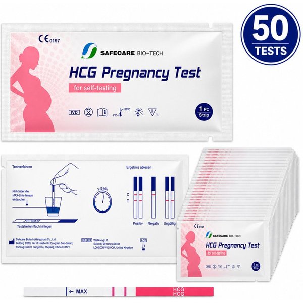 Safecare Bio-Tech Schwangerschaftstest Früh Schwangerschaftests SST - 99% Ergebnisse in 3-5 Minuten, Teststreifen, 50-tlg., Schnelles Ergebnis, einfache Handhab