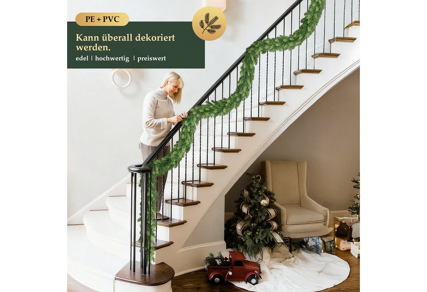Kunstgirlande 1,8 m 3 m 5 m Weihnachtsgirlande Außen Tannengirlande Spritzguss, Salcar, 1,8 m, zweifarbig mit hellgrünen Spitzen, 160 Zweige (50 PE + 110 PVC) – Bild 5 von 5
