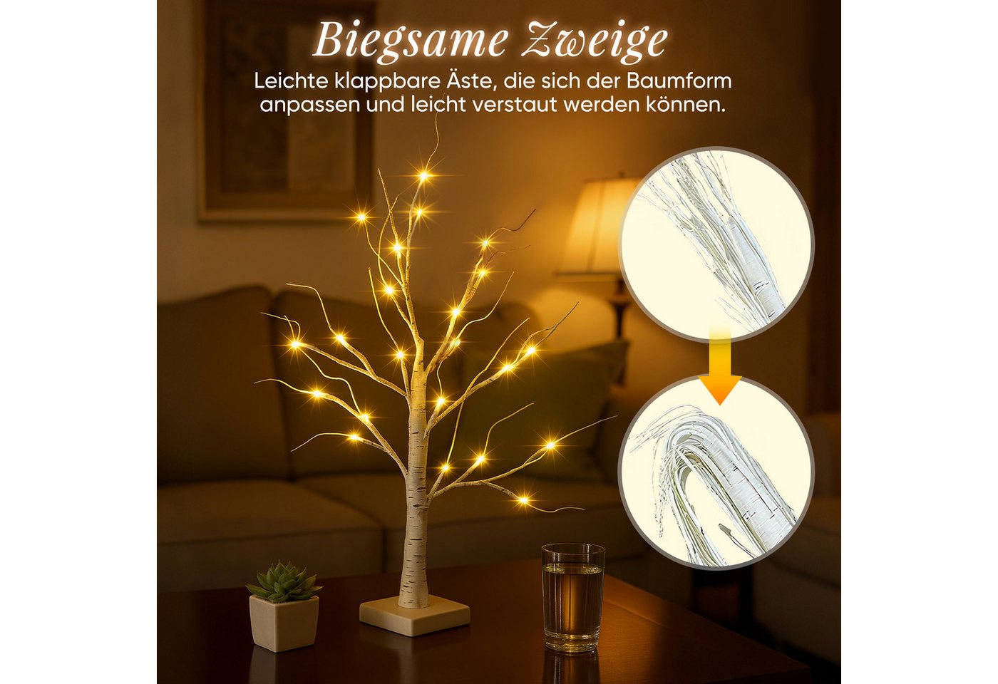 Salcar LED-Lichterkette LED Baum Lichter Warmweiß Weihnachten LED Birkenbaum, 2PCS 60cm LED Lichterbaum Innen mit 24 LEDs Licht – Bild 2 von 5