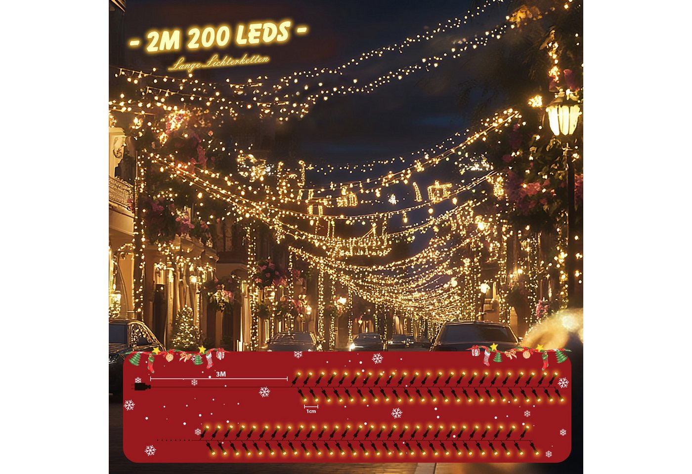 Salcar LED-Lichterkette LED Cluster Lichterkette Außen Weihnachtslichterkette Warmweiß & Bunt, 2m 200er LED 8 Modi und Memory, Christbaumbeleuchtung – Bild 2 von 5