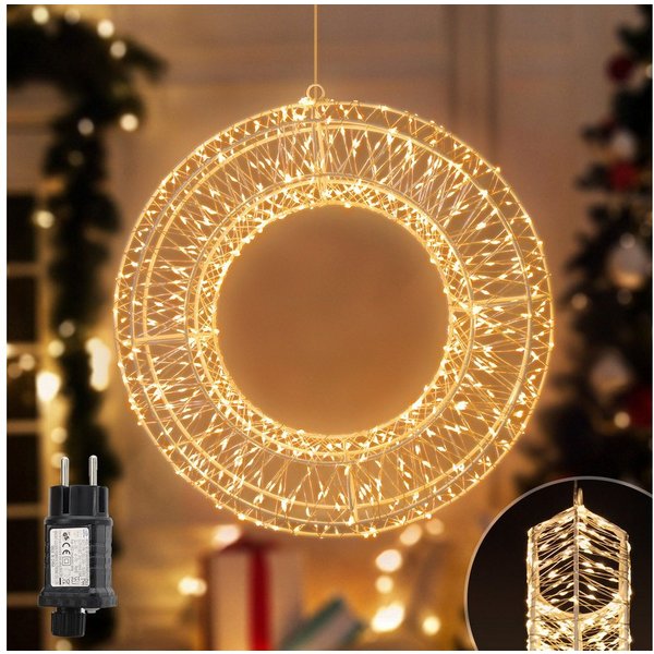 Salcar LED-Lichterkette Lichtkranz LED 3D-Dekokranz Weihnachtskranz Hängekranz Innen & Außen, Ø35cm 720 LED 8 Modi Timer und Memory Hängekranz Lichterkreis Warm