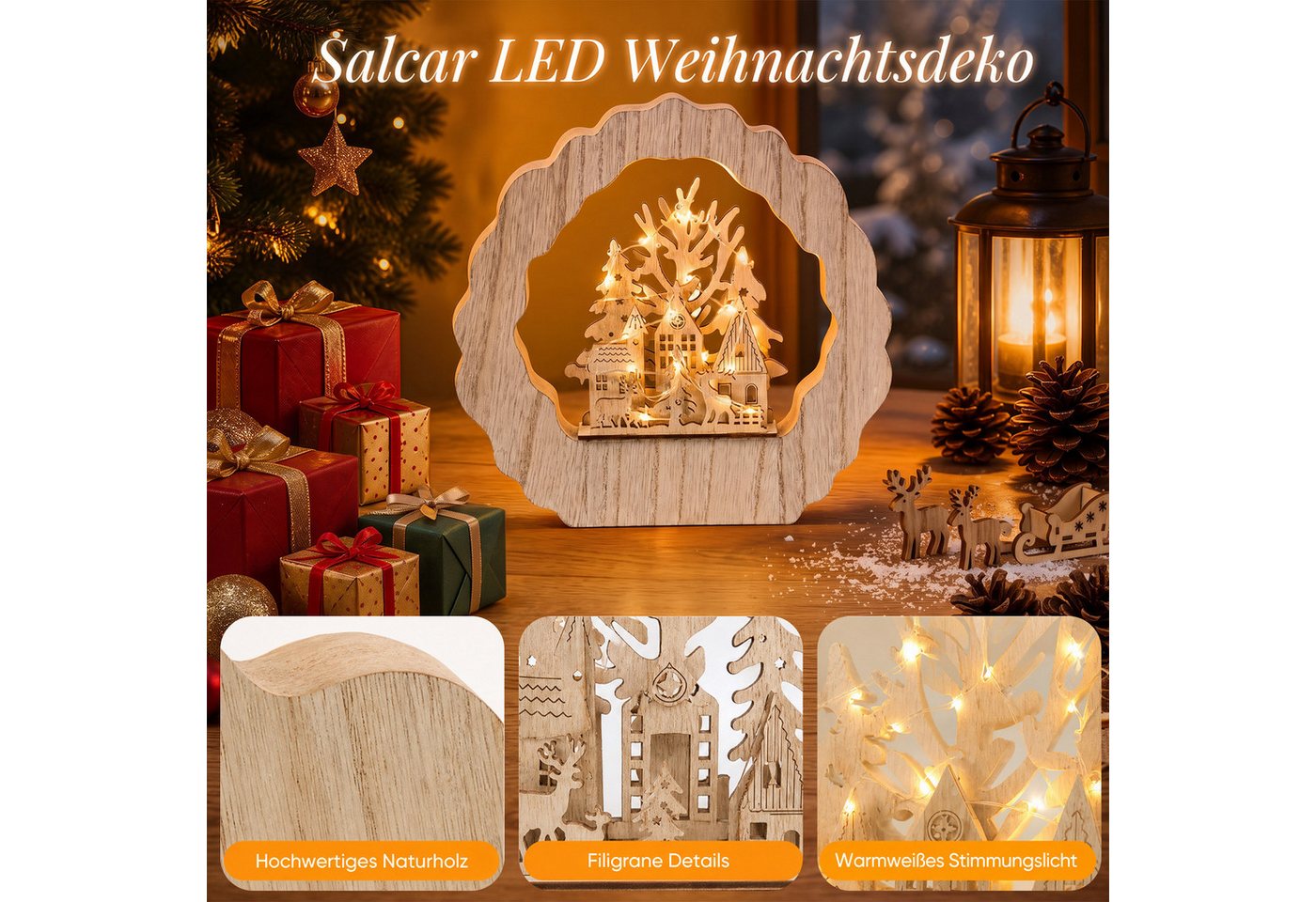 Salcar Schwibbogen LED aus Holz, 3D Weihnachtsdeko,Lichterbogen Weihnachtsdorf, Dekoration aus Holz für Advent und Weihnachten mit 20 LEDs in Warmweiß – Bild 5 von 5