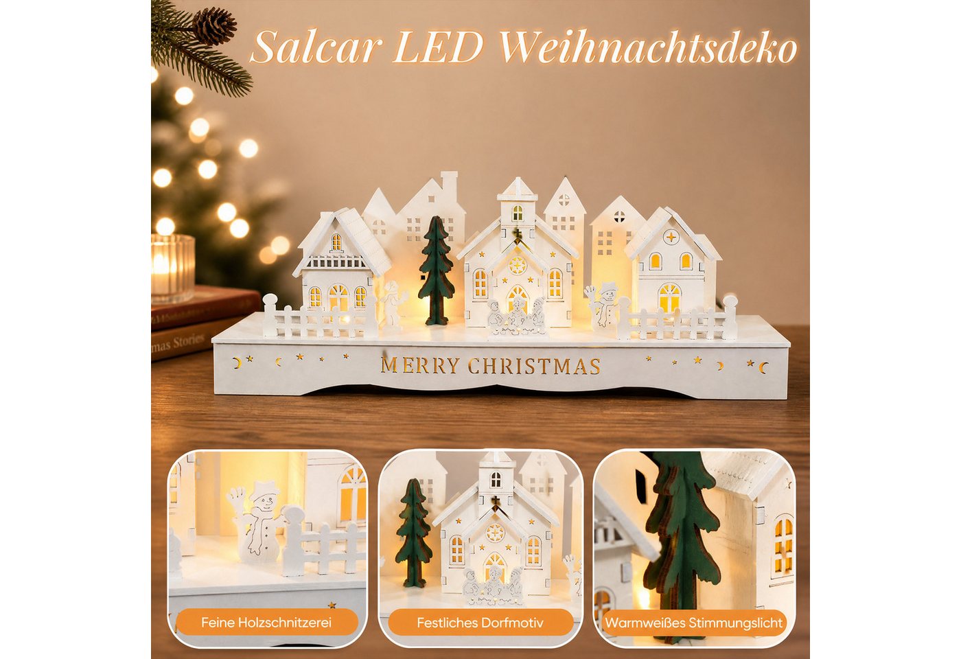 Salcar Schwibbogen LED aus Holz, 3D Weihnachtsdeko,Lichterbogen Weihnachtsdorf, Dekoration aus Holz für Advent und Weihnachten mit 10 LEDs in Warmweiß – Bild 2 von 5