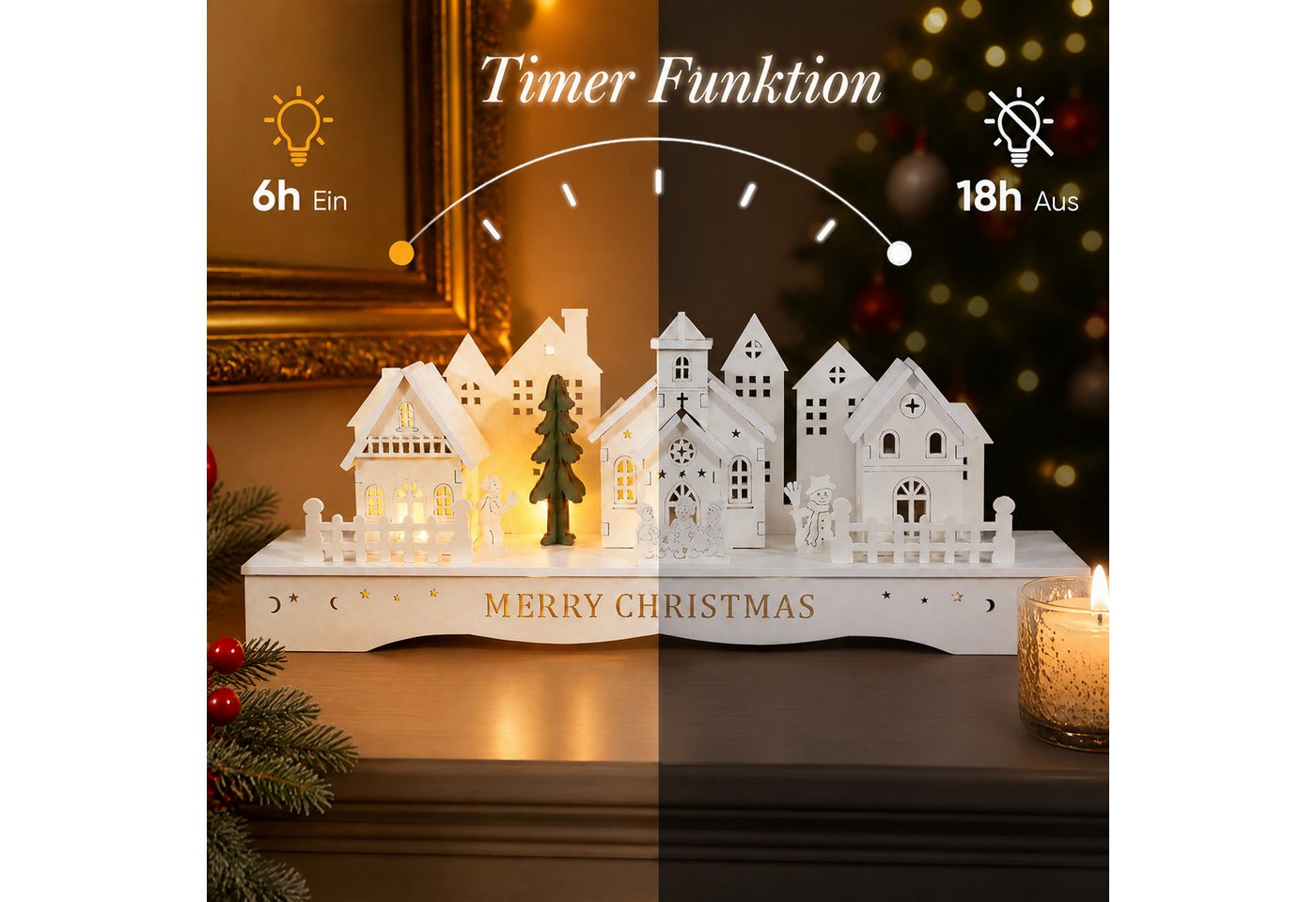 Salcar Schwibbogen LED aus Holz, 3D Weihnachtsdeko,Lichterbogen Weihnachtsdorf, Dekoration aus Holz für Advent und Weihnachten mit 10 LEDs in Warmweiß – Bild 3 von 5