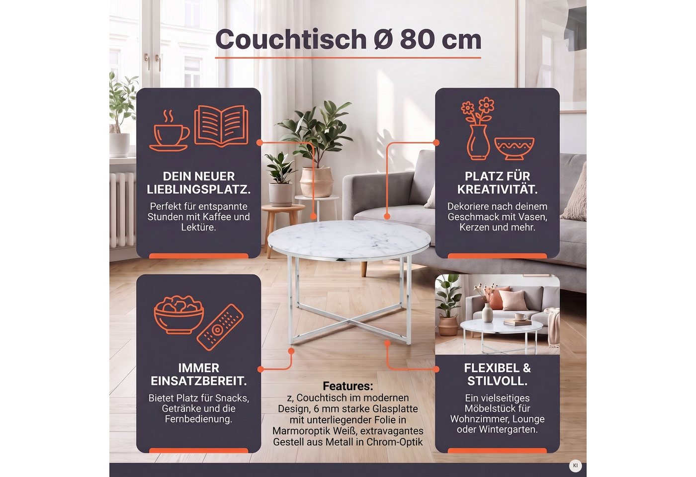 SalesFever Couchtisch Caorle Coffeetable im eleganten Stil, Elegantes Design mit Marmoroptik-Tischplatte – Bild 3 von 5