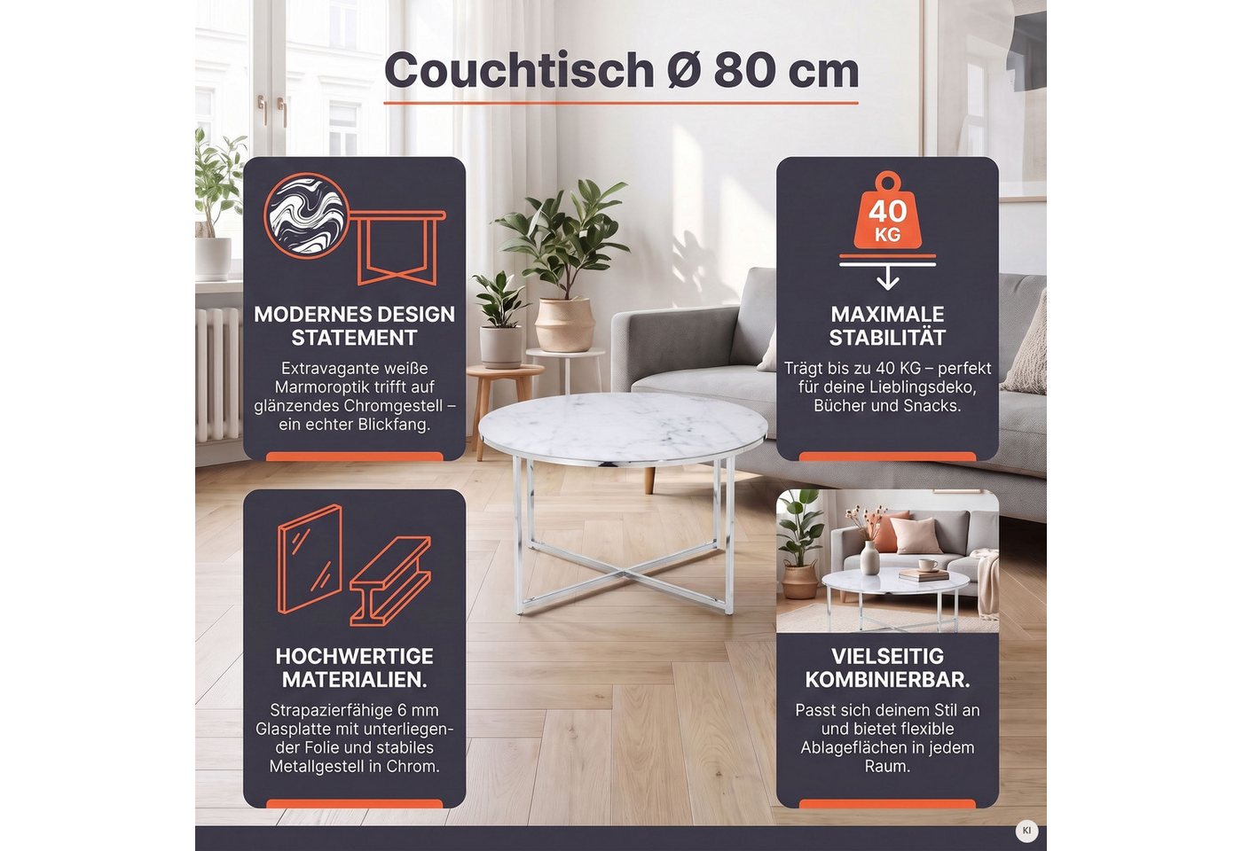 SalesFever Couchtisch Caorle Coffeetable im eleganten Stil, Elegantes Design mit Marmoroptik-Tischplatte – Bild 4 von 5