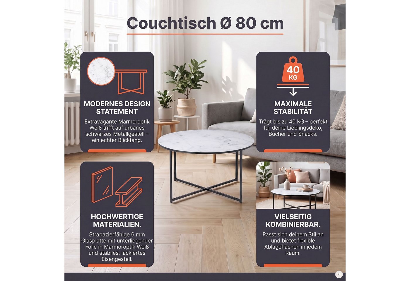 SalesFever Couchtisch Caorle Coffeetable im eleganten Stil, Elegantes Design mit Marmoroptik-Tischplatte – Bild 3 von 5