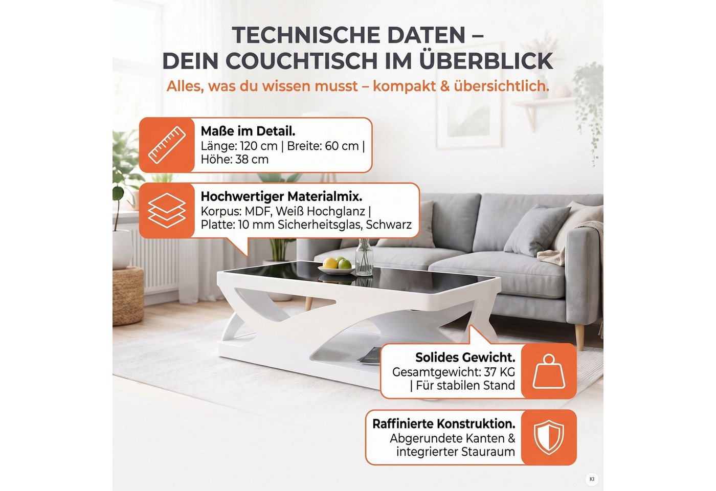 SalesFever Couchtisch Lacona Coffeetable mit stilvollem Aussehen, Schwarzglasplatte: Eleganz in Rechteck oder Quadrat – Bild 4 von 5