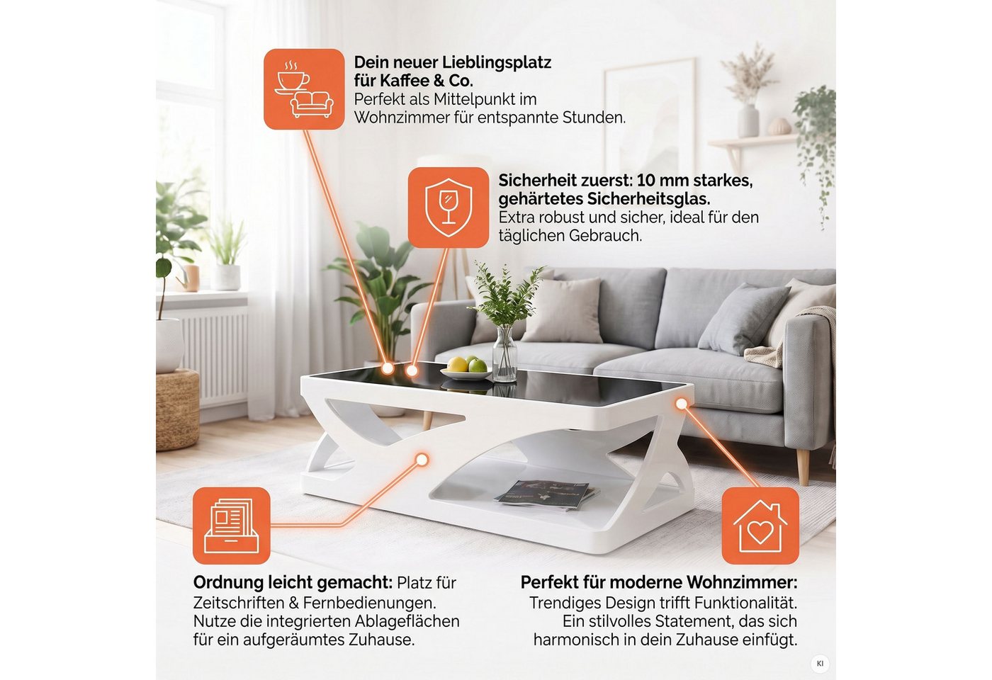 SalesFever Couchtisch Lacona Coffeetable mit stilvollem Aussehen, Schwarzglasplatte: Eleganz in Rechteck oder Quadrat – Bild 5 von 5