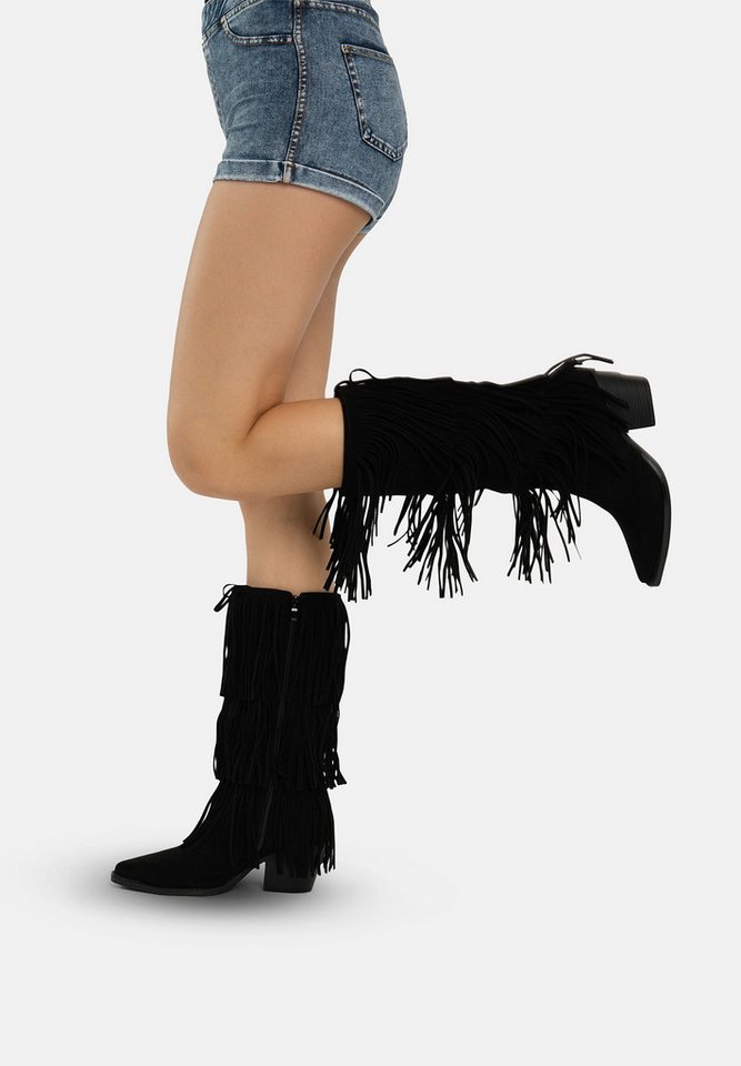 Salinyang Damen Westernstiefel mit Fransen, Blockabsatz und Reißverschluss Cowboystiefel – Bild 5 von 5