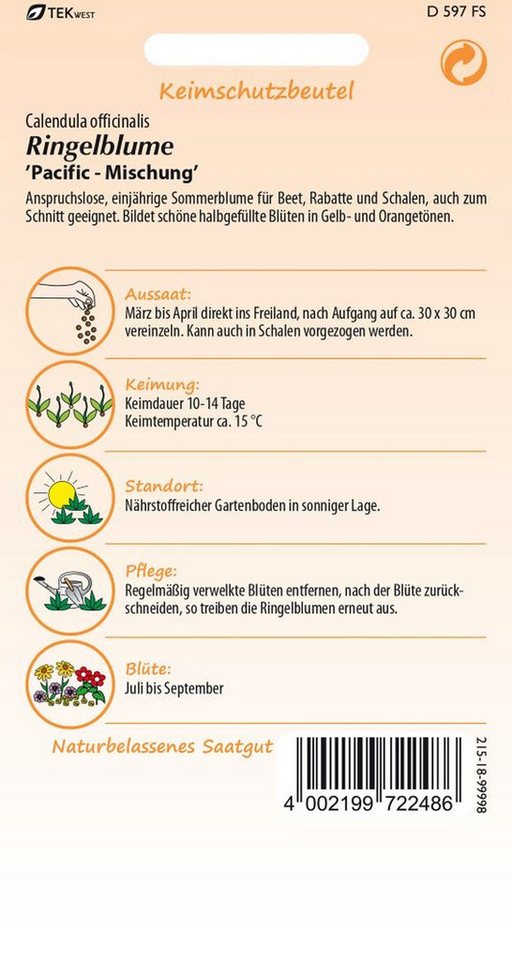 SAMEN PFANN Blumensamen Ringelblume, Mischung - Ringelblume-Samen Saatgut Samen, Calendula officinalis – Bild 2 von 2
