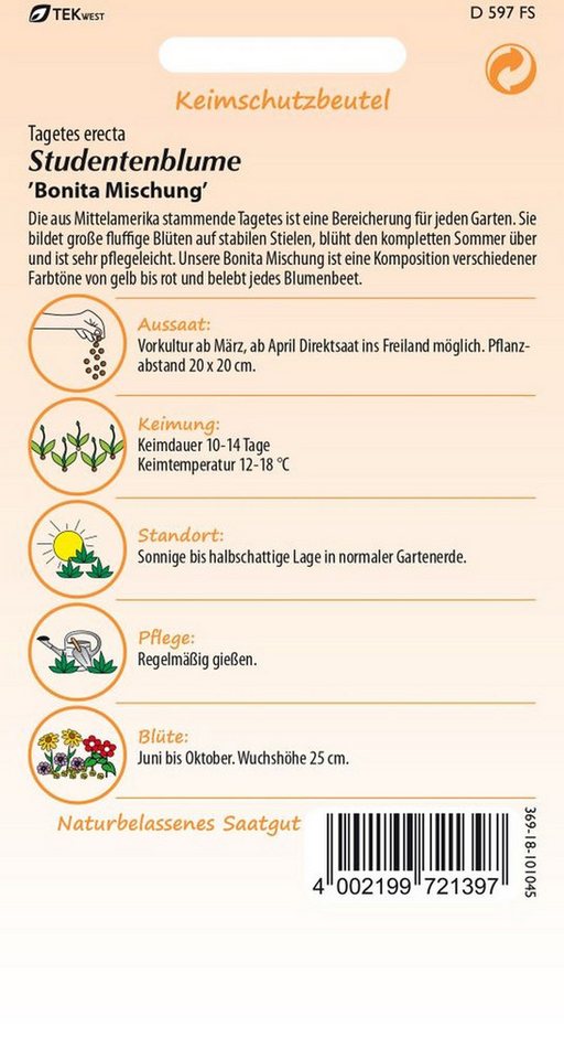 SAMEN PFANN Blumensamen Tagetes, Bonita Mix - Saatgut Tagetes-Samen Samen, Tagetes erecta – Bild 2 von 2