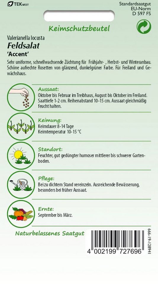 SAMEN PFANN Gemüsesamen Feldsalat, Accent - schnellwachsend, Salat-Samen Blattsalat-Samen, Valerianella locusta – Bild 2 von 2