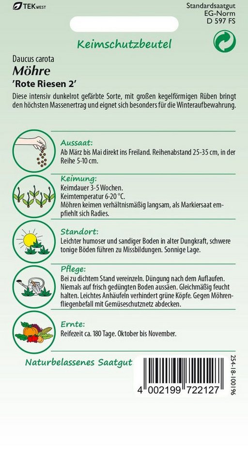 SAMEN PFANN Gemüsesamen Möhre, Rote Riesen 2 - Möhren-Samen Saatgut Samen, Daucus carota – Bild 2 von 2