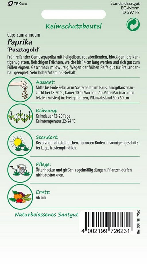 SAMEN PFANN Gemüsesamen Paprika, Pusztagold - Paprika-Samen Saatgut Samen, Capsicum annuum – Bild 2 von 2