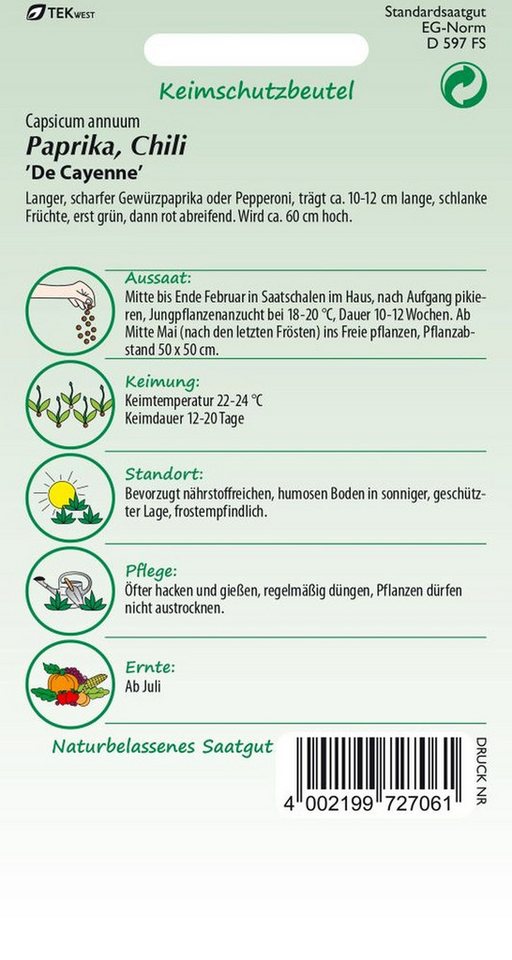 SAMEN PFANN Gemüsesamen Paprika, De Cayenne - Paprika-Samen Saatgut Samen, Capsicum annuum – Bild 2 von 2