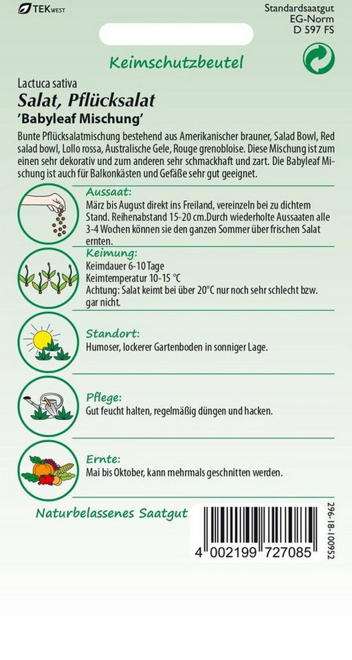 SAMEN PFANN Gemüsesamen Pflücksalat, Baby Leaf Mischung - Saatgut Salat-Samen, Lactuca sativa – Bild 2 von 2