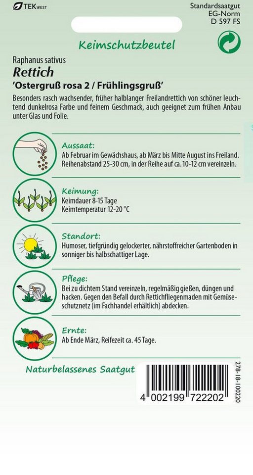 SAMEN PFANN Gemüsesamen Rettich, Ostergruß Rosa 2 Frühlingsgruß, früh Treibrettich rot, Samen, Raphanus sativus – Bild 2 von 2
