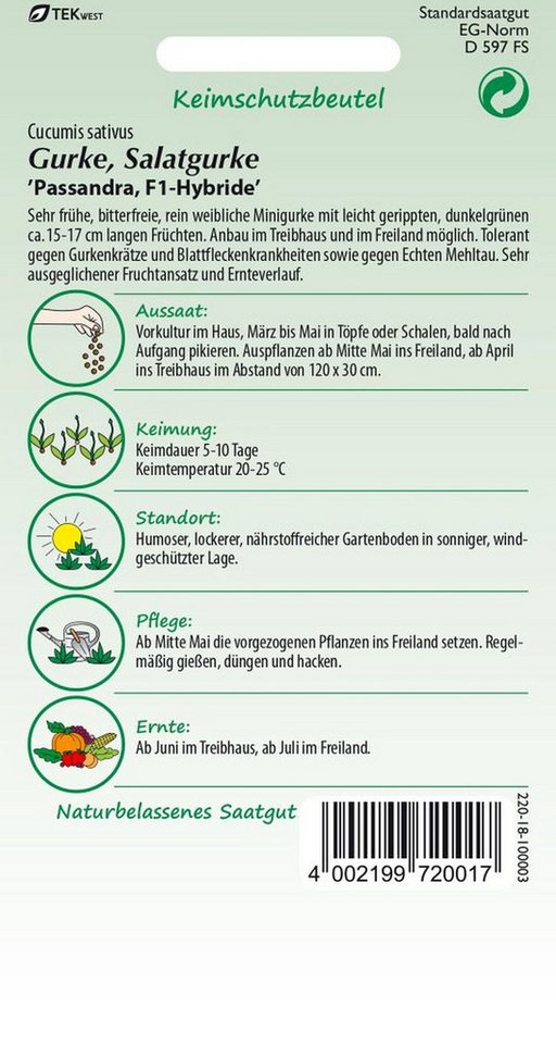 SAMEN PFANN Gemüsesamen Salatgurke, Minigurke, Passandra - Gurken-Samen Saatgut Samen, Cucumis sativus – Bild 2 von 2