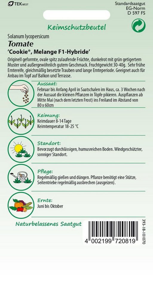 SAMEN PFANN Gemüsesamen Tomate, Cookie (Melange F1) - Saatgut Tomaten Samen, Solanum lycopersicum – Bild 2 von 2