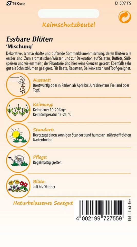 SAMEN PFANN Kräutersamen Blumenmischung, Essbare Blüten - Blumenmischung Saatgut Salat-Samen – Bild 2 von 2
