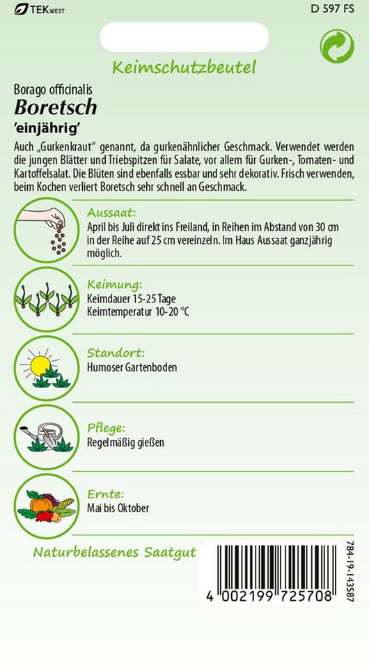 SAMEN PFANN Kräutersamen Borretsch, Gurkenkraut - Gewürz, Heilkraut, Kräuter-Samen Gewürz, Borago officinalis – Bild 2 von 2