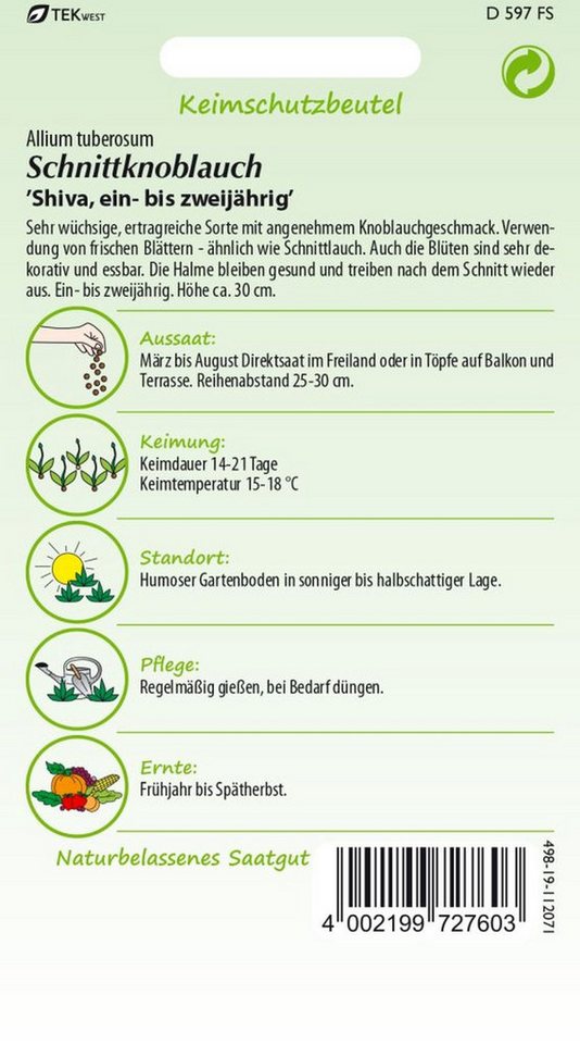 SAMEN PFANN Kräutersamen Schnittknoblauch, Shiva - Gewürz Saatgut Schnittlauch-Samen, Allium tuberosum – Bild 2 von 2