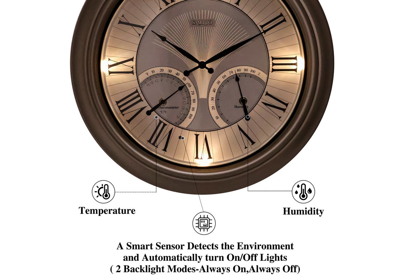 Samilito Wanduhr 45,7 cm Indoor-Outdoor-Uhr beleuchtet, wetterfest, Thermo-Hygrometer – Bild 3 von 5