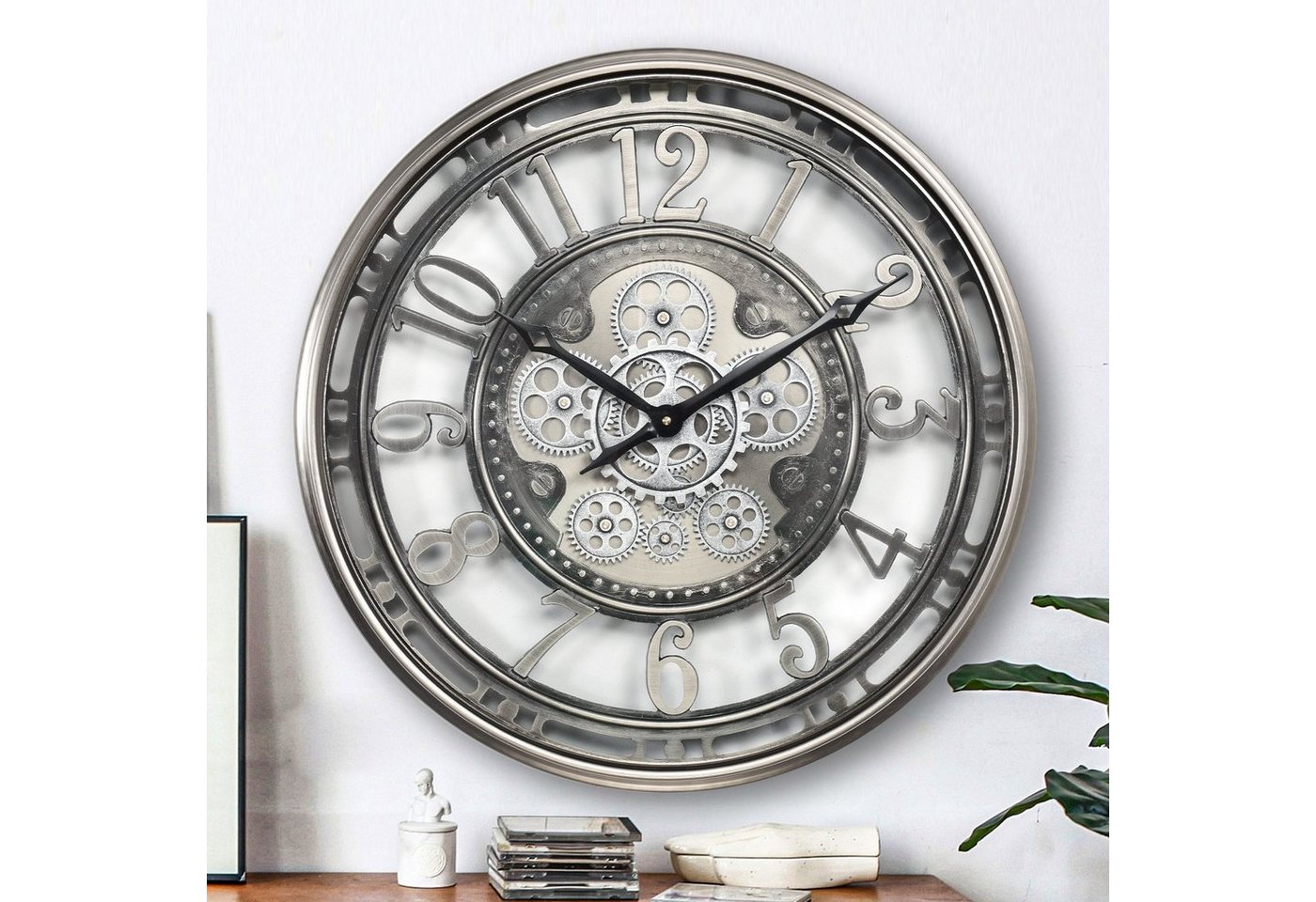 Samilito Wanduhr 53,3 cm mit echtem Bewegungsgetriebe Zahnrädern Silber – Bild 2 von 5