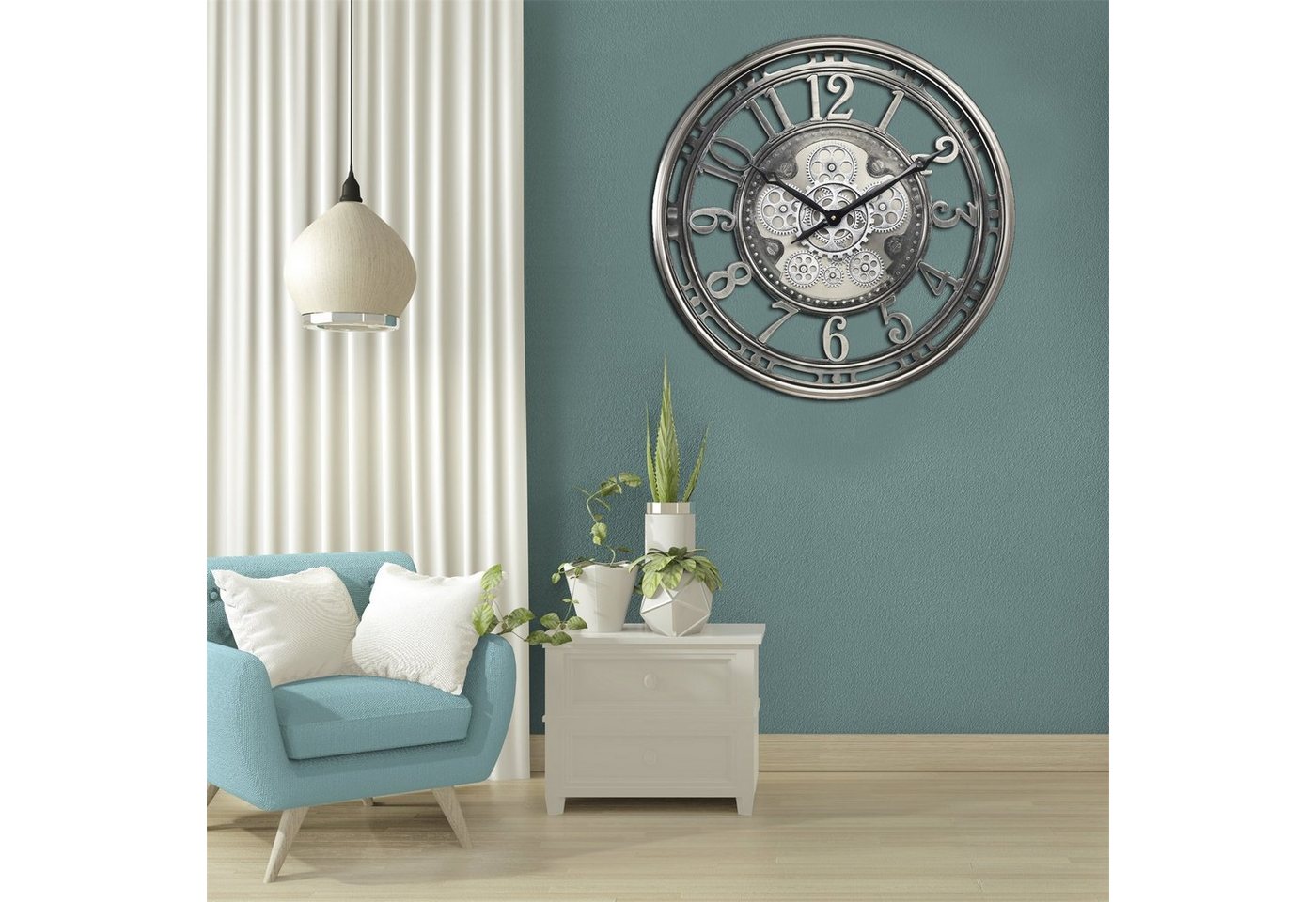 Samilito Wanduhr 53,3 cm mit echtem Bewegungsgetriebe Zahnrädern Silber – Bild 3 von 5