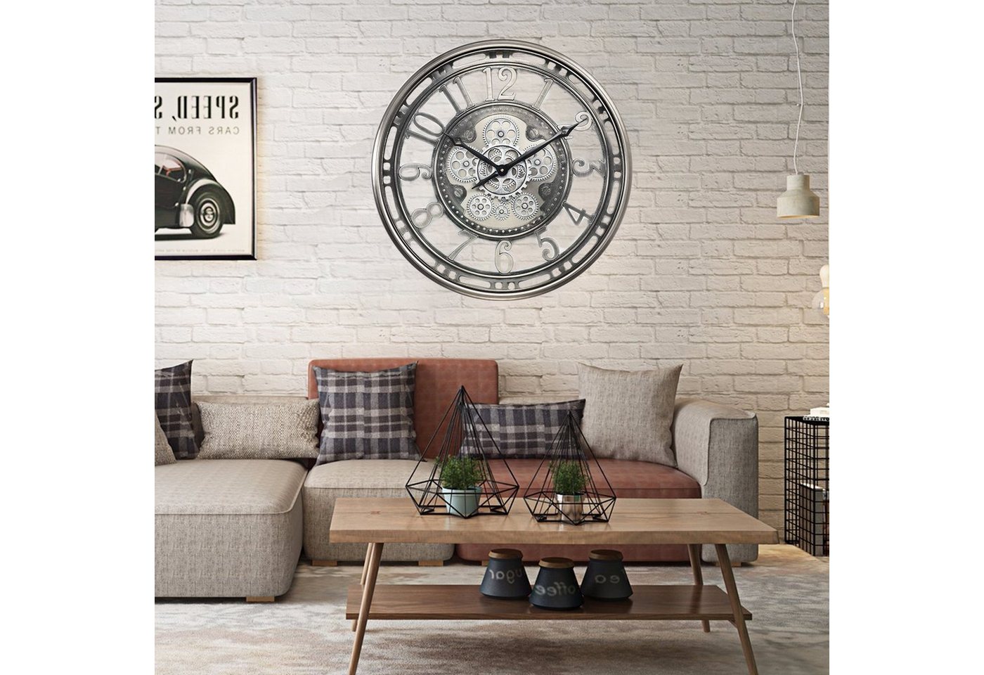Samilito Wanduhr 53,3 cm mit echtem Bewegungsgetriebe Zahnrädern Silber – Bild 4 von 5