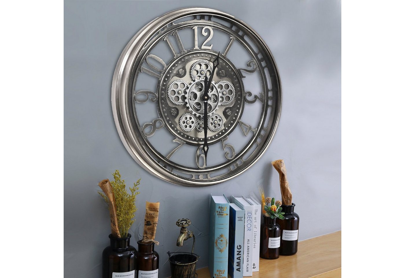 Samilito Wanduhr 53,3 cm mit echtem Bewegungsgetriebe Zahnrädern Silber – Bild 5 von 5