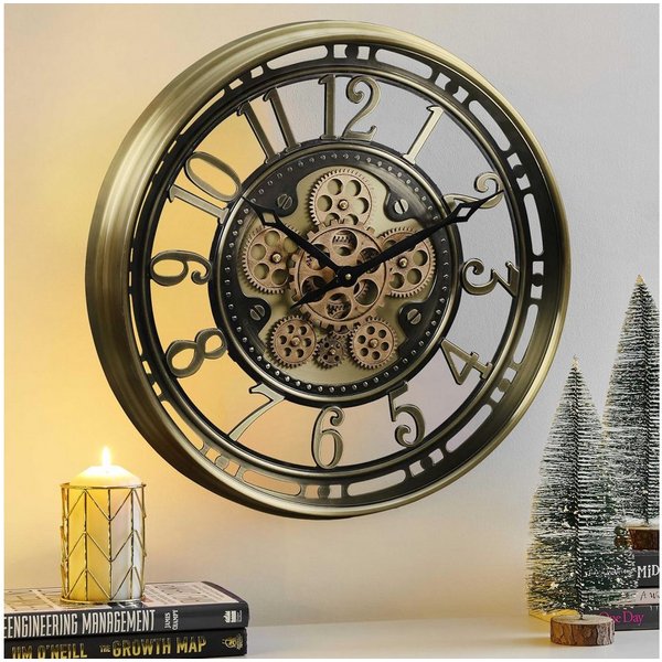 Samilito Wanduhr 53,5 cm rund, mit drehenden Zahnrädern in Gold, leises Quarzwerk (Echtes Bewegungsgetriebe, separater Antrieb, lautloses Sweep-Uhrwerk)