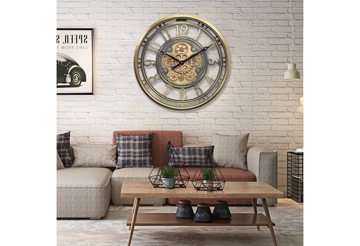 Samilito Wanduhr 53,5 cm rund, mit drehenden Zahnrädern in Gold, leises Quarzwerk (Echtes Bewegungsgetriebe, separater Antrieb, lautloses Sweep-Uhrwerk) – Bild 4 von 5