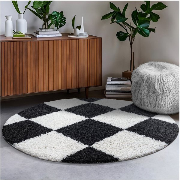 Sanat Hochflor-Teppich Milano 1250, auch als Läufer und in Rund, rund, Höhe: 30 mm, Hochflor, Shaggy, Karo, Wohnzimmer, Schlafzimmer