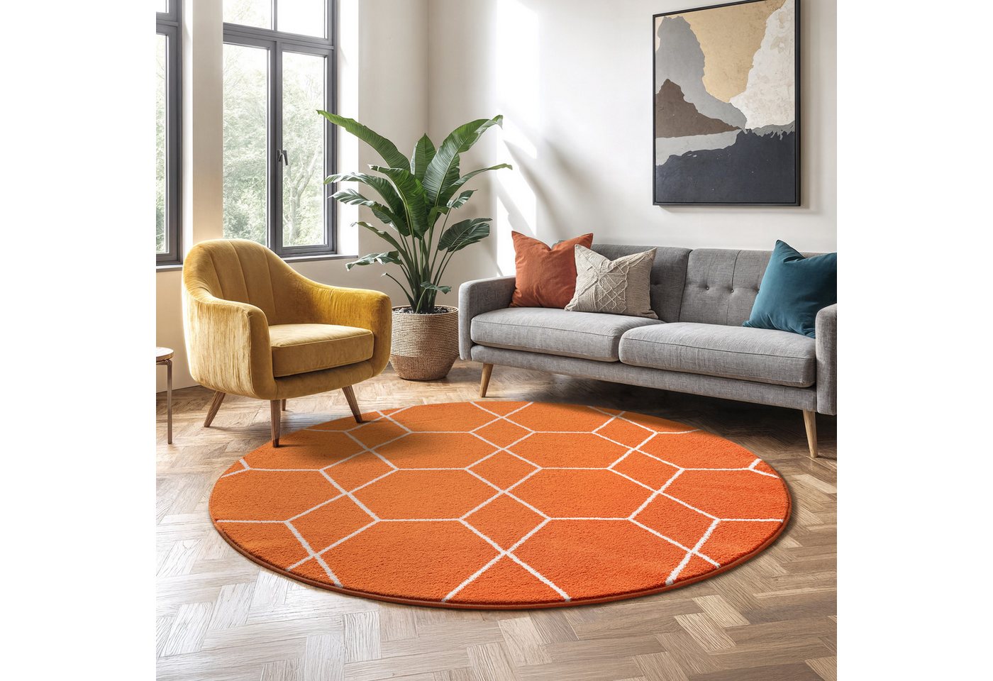 Sanat Teppich Trellis, auch als Läufer und Rund, rund, Höhe: 10 mm, Kurzflor, skandi, boho, große Farbauswahl, alle Räume – Bild 2 von 5