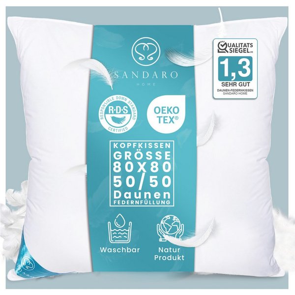 Sandaro Home Daunenkissen 1500 gr, DAUNENFEDERKISSEN, 80 x 80 cm, Füllung: 50% Daunen/ 50% Federn, Bezug: Baumwolle