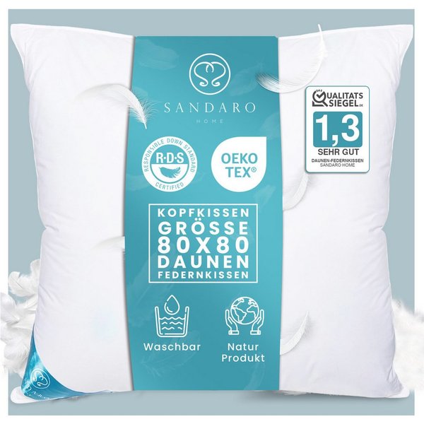 Sandaro Home Daunenkissen 1600 gr, 3-KAMMERN KISSEN, 80 x 80 cm, Füllung: Daunen Federn, Bezug: Baumwolle, Allergiker geeignet, 80x80 cm