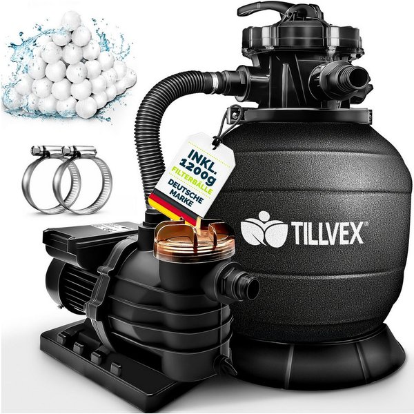 tillvex Sandfilteranlage tillvex Sandfilteranlage 13.200L/h mit 1200g Filterbällen + Pumpe (Poolfilter Selbstansaugend Sandfilter Schwimmbecken, Filteranlage 7-