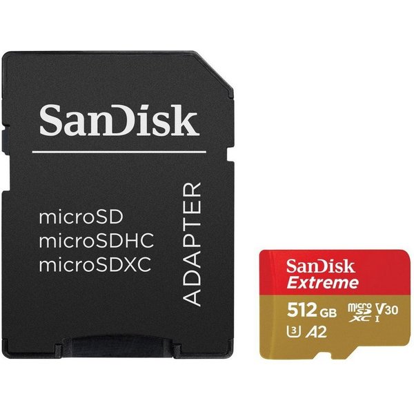 Sandisk microSDXC Extreme, Adapter, 1 Jahr RescuePRO Deluxe Speicherkarte (512 GB, UHS Class 3, 190 MB/s Lesegeschwindigkeit)