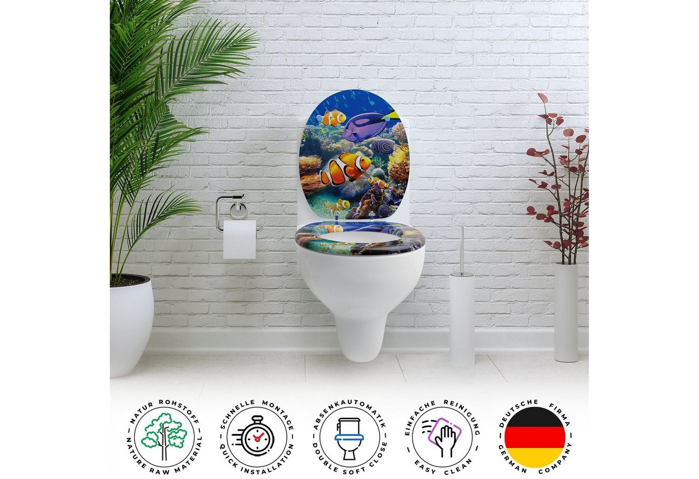 Sanfino WC-Sitz "Nemo" Premium Toilettendeckel mit Absenkautomatik aus Holz, mit schönem Maritim-Motiv, hohem Sitzkomfort, einfache Montage – Bild 4 von 5