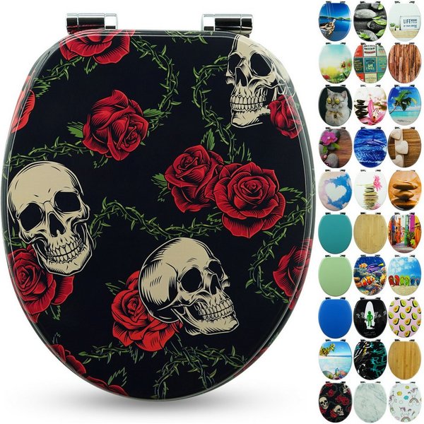 Sanfino WC-Sitz „Rose Skull“ hochwertiger Toilettendeckel mit Absenkautomatik, aus Holz, viele bunte Motive, hoher Sitzkomfort, einfache Montage