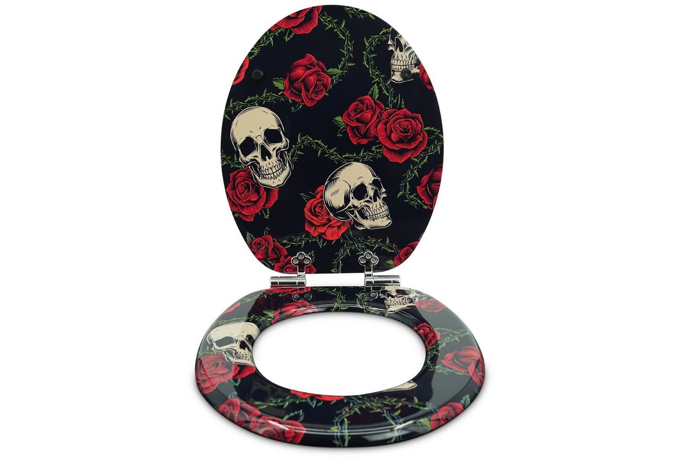 Sanfino WC-Sitz „Rose Skull“ hochwertiger Toilettendeckel mit Absenkautomatik, aus Holz, viele bunte Motive, hoher Sitzkomfort, einfache Montage – Bild 3 von 5